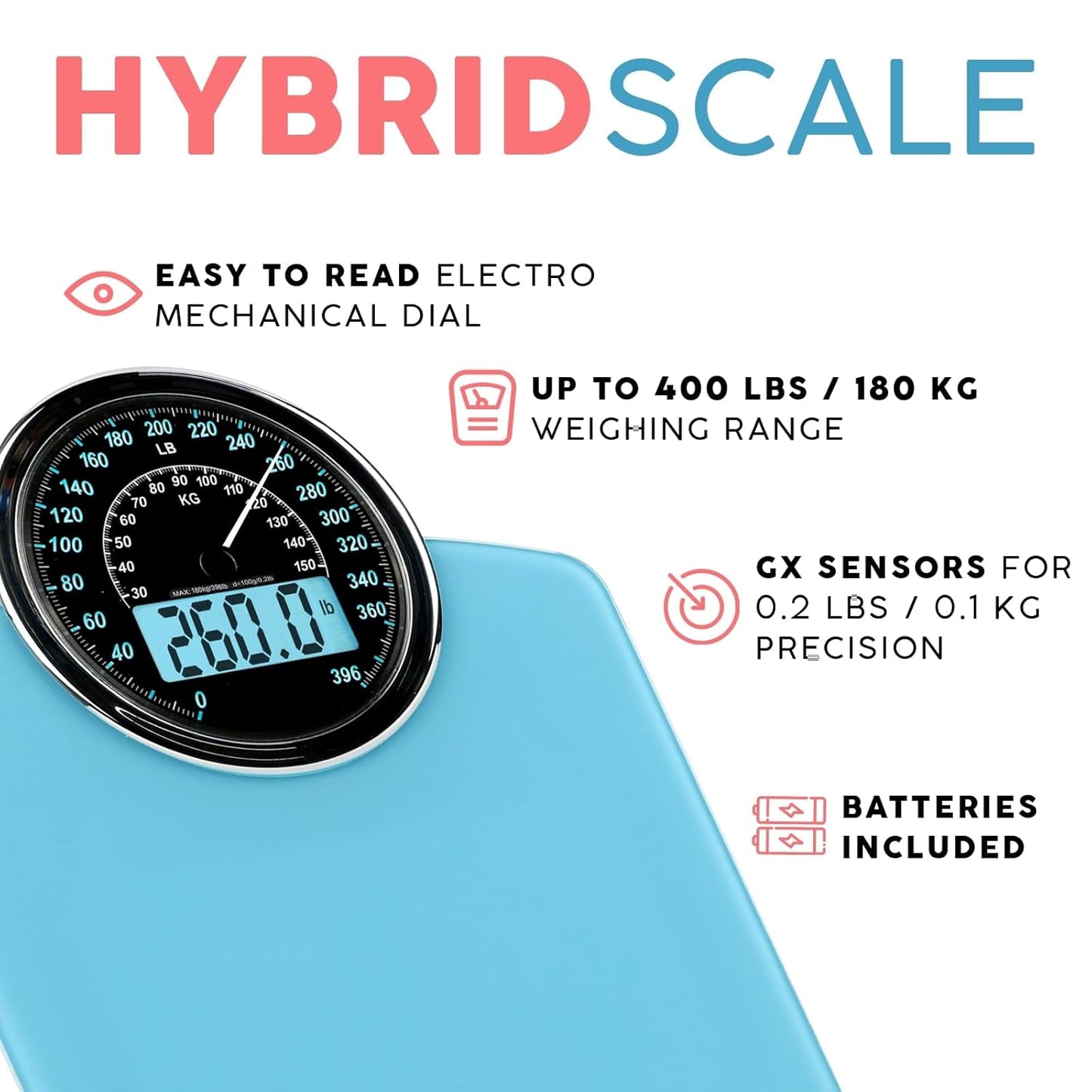 Adamson Hybrid 2-in-1 Analog & Digital Weighing Scale for Body Weight up to 400lbs - Thick Tempered Glass - Extra Large Display - Easy to Read Digital Bathroom Scale - New - Light Blue