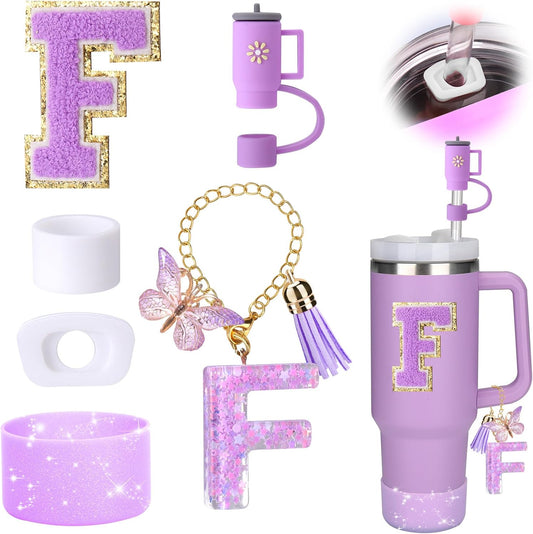 Mity rain 6PCS Cup Accessories Set for Stanley Cup 30oz 40oz tumbler with handle, Including Silicone Straw Topper Cover Cap and Boot, Spill Proof Stopper, Handle Charm, Initials Sticker (Letter F)
