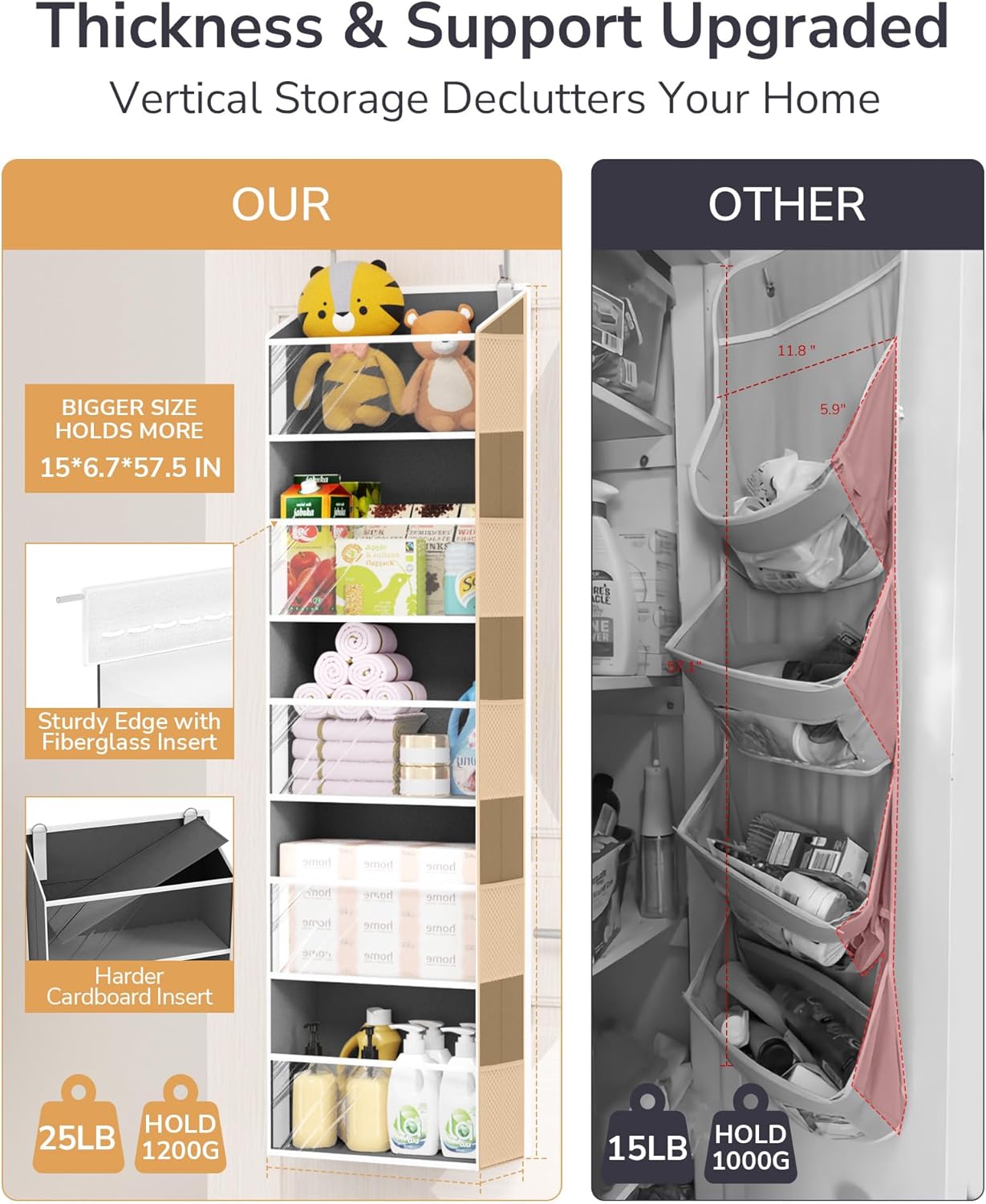 ULG 1-Pack Over Door Organizer with 5 Large Pockets 10 Mesh Side Pockets, 44 lbs Weight Capacity Hanging Storage Organizer with Clear Window for Bedroom Bathroom, RV, Clear Dark Grey