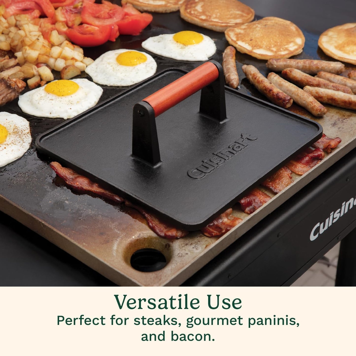 Cuisinart XL Cast Iron Grill Press, 10" x 10" Heavy-Duty Nonstick Smash Burger Steak Press with Wooden Handle, Perfect Grill Accessory Ideal for Grilling, Paninis, and BBQs