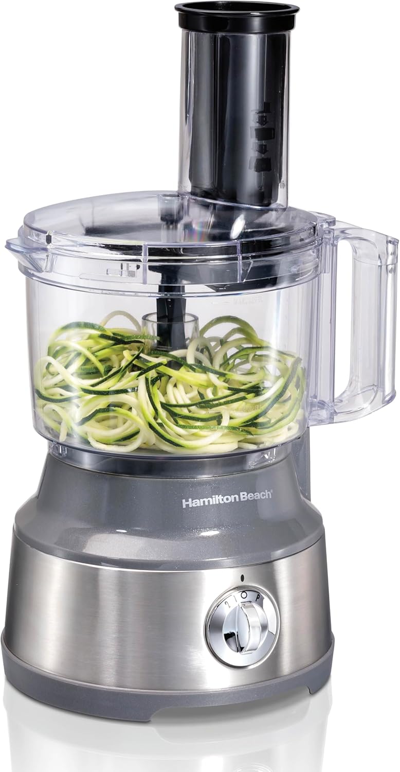 Hamilton Beach Food Processor & Vegetable Chopper for Slicing, Shredding, Mincing, and Puree, 10 Cups + Veggie Spiralizer makes Zoodles and Ribbons, Grey and Stainless Steel (70735)