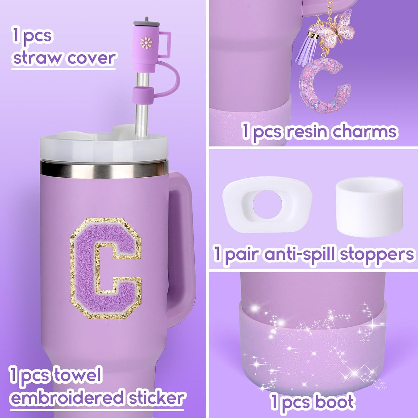 Mity rain 6PCS Cup Accessories Set for Stanley Cup 30oz 40oz tumbler with handle, Including Silicone Straw Topper Cover Cap and Boot, Spill Proof Stopper, Handle Charm, Initials Sticker (Letter C)