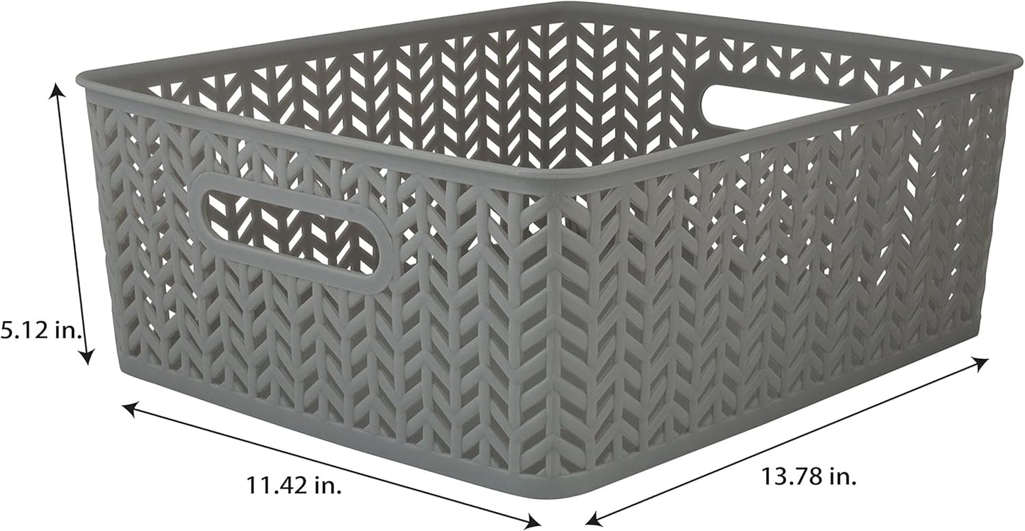 Simplify 2 Pack Medium Herringbone Storage Basket | Dimensions: 14"x11.5"x5.15" | Sturdy Polypropylene Plastic | 2 Open Handles | Lightweight | Home Organization | Heather Grey