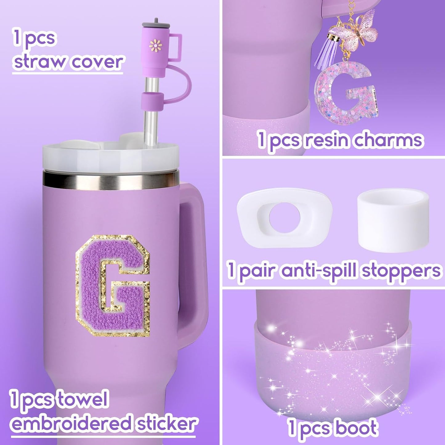 Mity rain 6PCS Cup Accessories Set for Stanley Cup 30oz 40oz tumbler with handle, Including Silicone Straw Topper Cover Cap and Boot, Spill Proof Stopper, Handle Charm, Initials Sticker (Letter G)