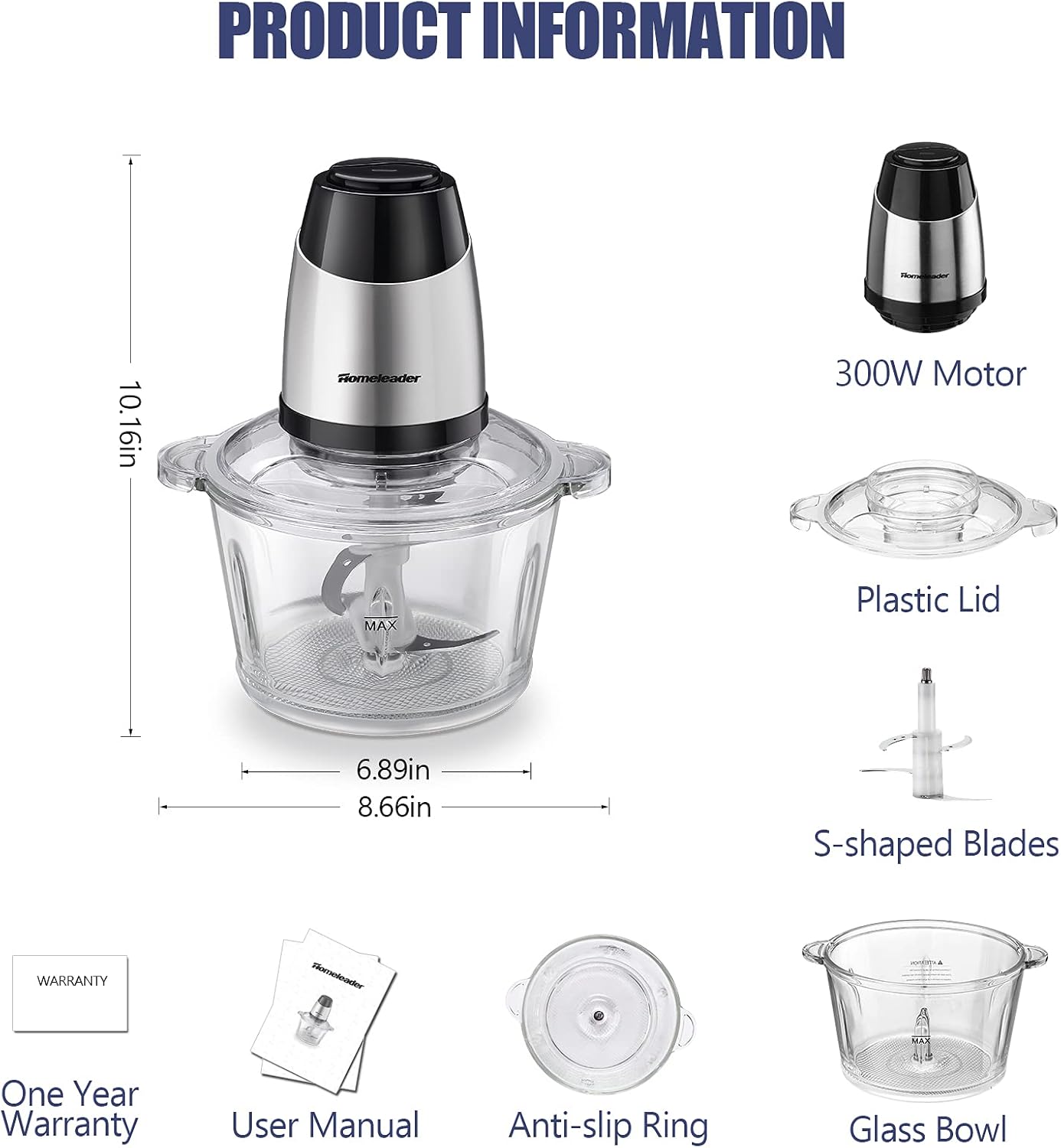 Homeleader Electric Food Chopper, 300W Stainless Steel Blade, Food Processor with 2L Glass Bowl, 2S Fast Shredding for Meat, Vegetables, Fruits and Nuts, Dishwasher Safe, Quiet Motor with 4 Blades