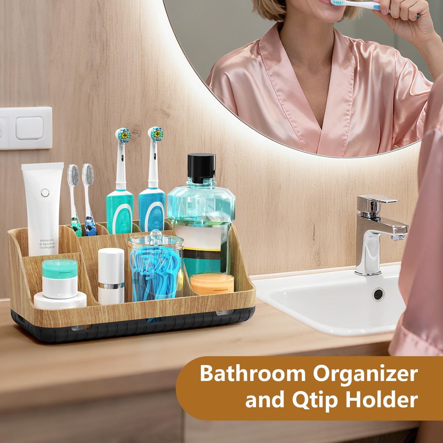 Bathroom Toothbrush Holder Set with 2 Pack Qtip Holder Dispenser - 7 Slots Kids Bathroom Accessory Sets with Drainage, Q Tip Holder for Bathroom Sink Counter Accessories Set