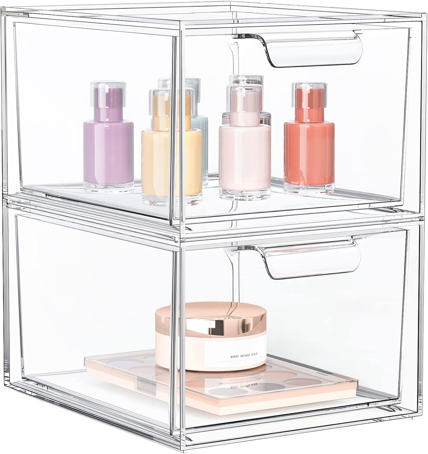 2 Pack Stackable Makeup Organizer and Storage, Acrylic Organizers，Clear Plastic Storage Drawer with Handles for Vanity, Undersink, Kitchen Cabinets, Pantry