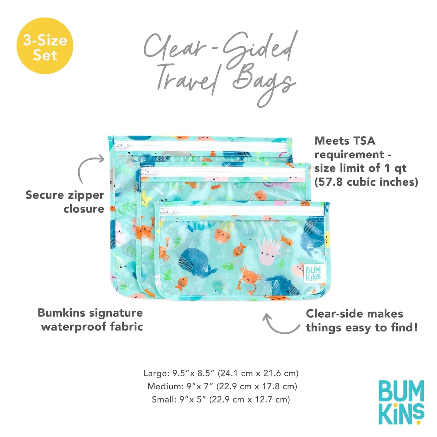 Bumkins Travel Bag, Toiletry, TSA Approved Pouch, Zip Bag, Quart Size Airline Compliant, Clear-Sided, Baby, Diaper Bag Organization, Makeup, Accessories, Packing, Set of 3 Sizes, Ocean Life Blue