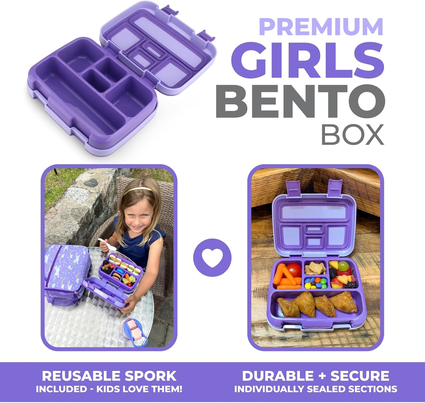 Bento Box Lunch Boxes for Toddlers Kids Girls, 5 Portion Sections Secure Lid, BPA Free Removable Tray, Pre-School Kid Daycare Lunches Snack Container Ages 3 to 5, Loncheras Para Niñas, Purple Unicorn