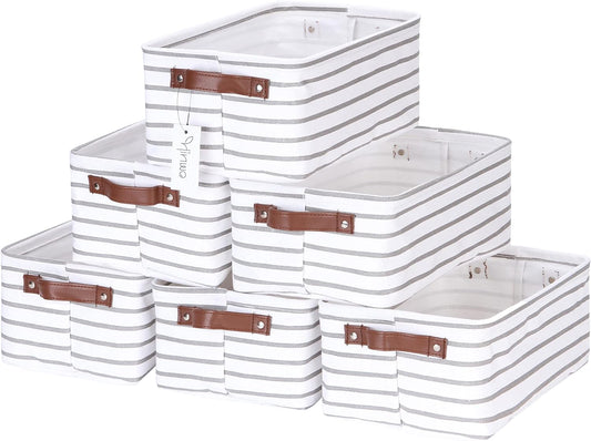 Hinwo 6-Pack Small Canvas Fabric Storage Baskets Set with Handles, Open Storage Bins, Cube Storage Organizer, Shelf Organizer Bins for Closet, 7.9L, 12 x 8 x 5 Inches (Gray Stripe)