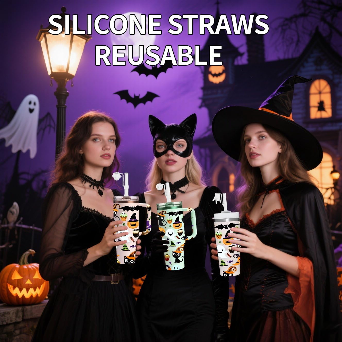 Halloween Party Favors 2025, Doboli Replacement 12 Inch Long Silicone Straw With Cover, Compatible with Stanley Owala 40 oz 30 oz Cup Tumbler, Funny 6 Pack Reusable Straw with Cleaning Brush