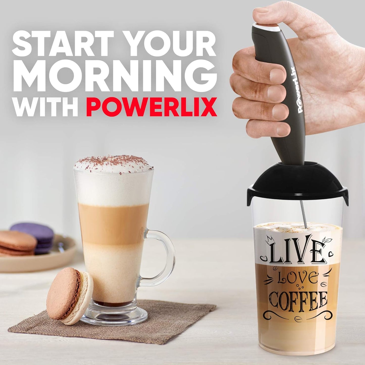 PowerLix Powerful Handheld Milk Frother With Stand Battery Operated Foam Maker Frother Wand For Coffee (A Black) (No Stand Cup Set)
