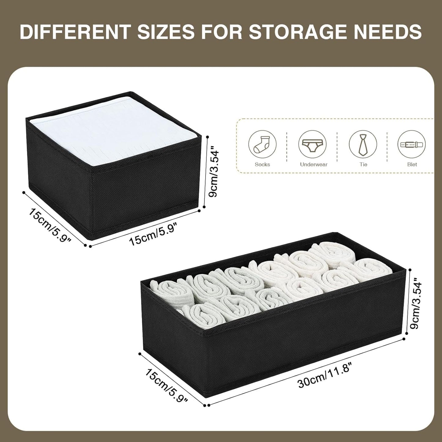 DIMJ Drawer Organizers - Set of 8 Foldable Closet Dividers for Baby Clothes, Socks, Belt, Tie (Black)