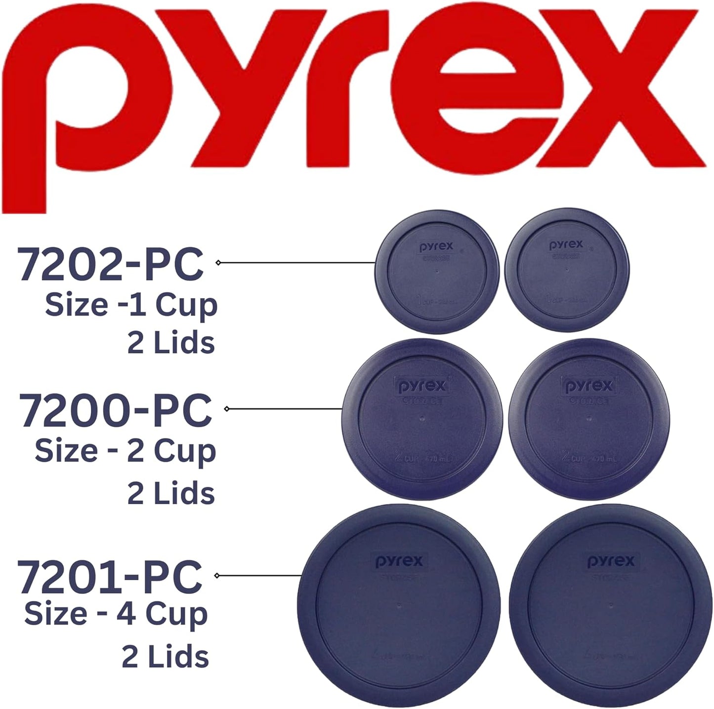 Pyrex (2) 7202-PC 1-Cup, (2) 7200-PC 2-Cup, & (2) 7201-PC 4-Cup Blue Food Storage Replacement Lids - Made in USA