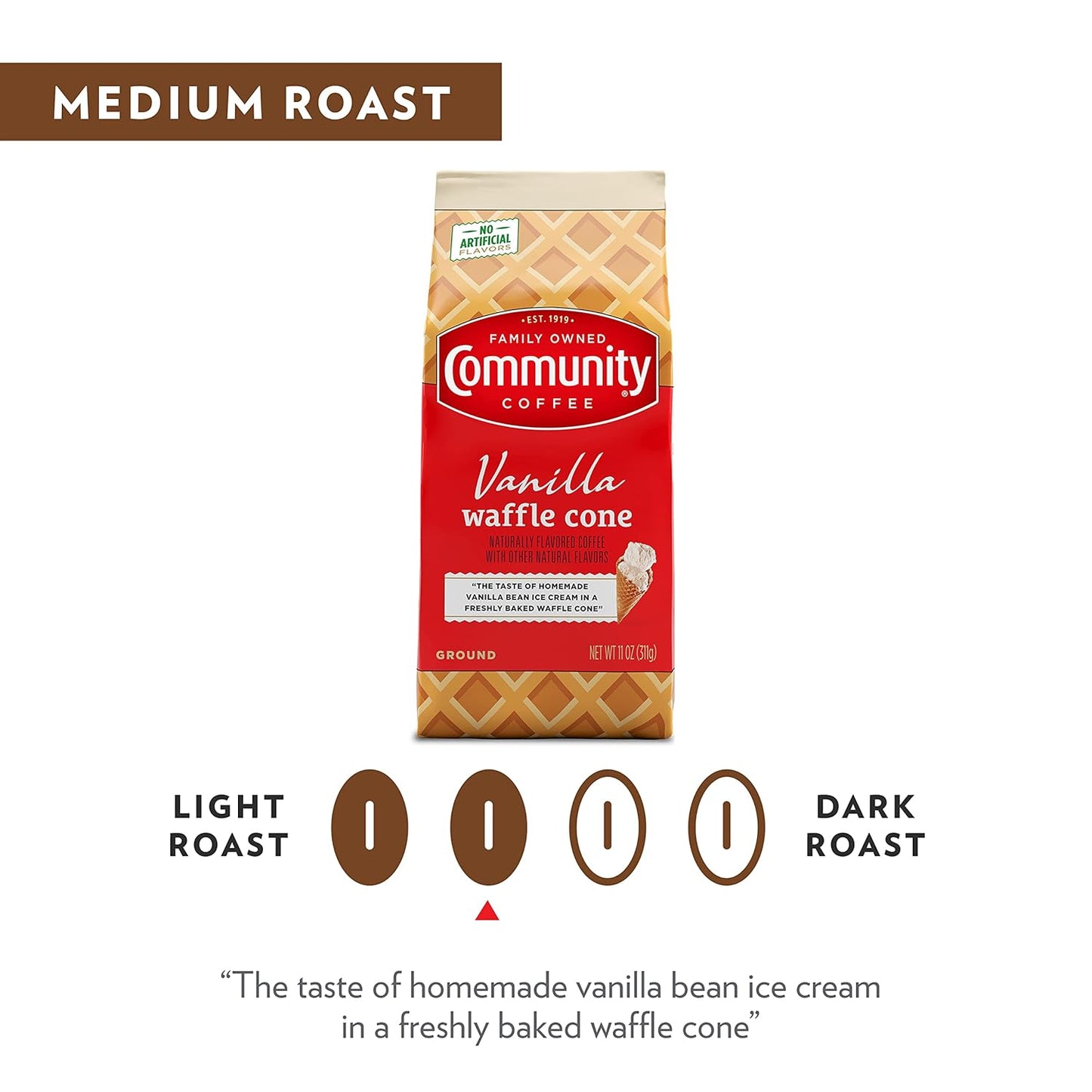 Community Coffee Vanilla Waffle Cone 66 Ounces, Ice Cream Flavored Ground Coffee, 11 Ounce Bag (Pack of 6)