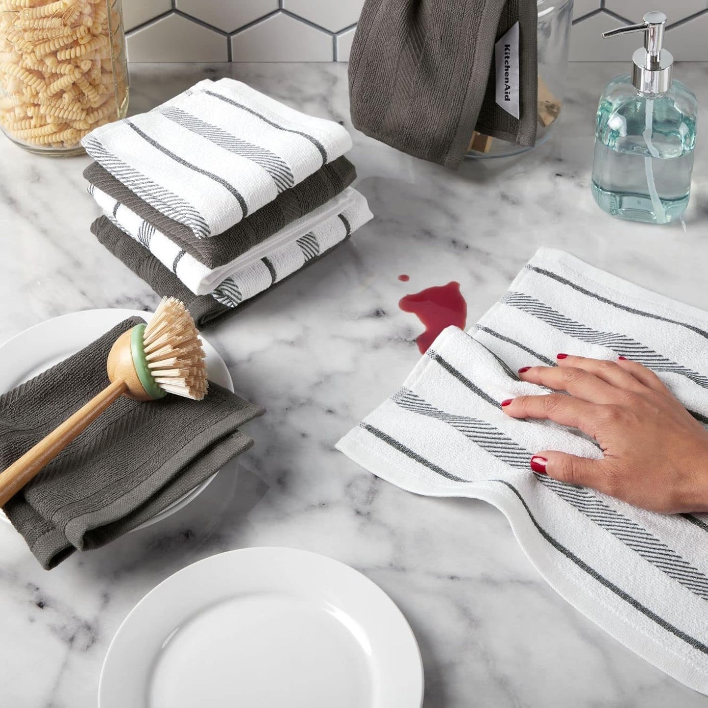 KitchenAid Albany Dishcloth 8 Pack Set, Charcoal Grey/White, 12"x12"