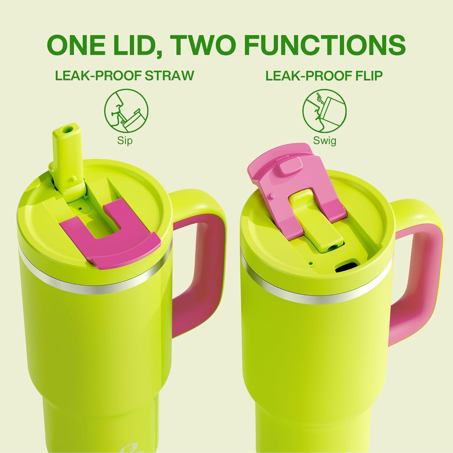 32 oz Tumbler with Handle and Straw: Stainless Steel Insulated Tumbler Keeps Cold for 24 Hours, Leakproof Travel Cup Fits in Cup Holder and BPA-Free,Acid Green