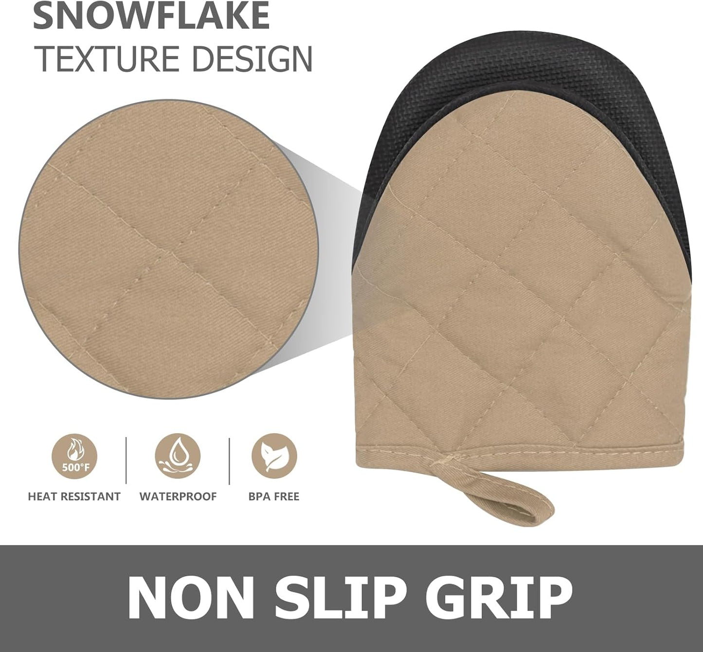 1 Pair Short Oven Mitts - Silicone Kitchen Oven Gloves High Heat Resistant 500℉, Mini Oven Mits with Non-Slip Grip Surfaces and Hanging Loop for BBQ, Baking, Cooking and Grilling (Coffee)