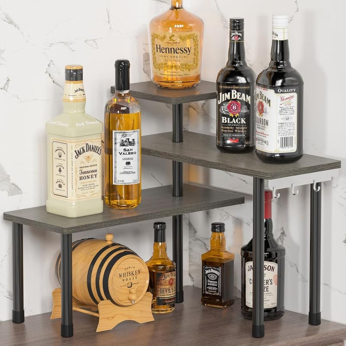 ZHWS Kitchen Countertop Organizer, Bathroom Counter Organizer, Adjustable 3 Tier Corner Shelf with 4 Metal Hooks for Counter Organize, Spice Rack, Makeups, Coffee Station Bookshelf (Rustic Grey)