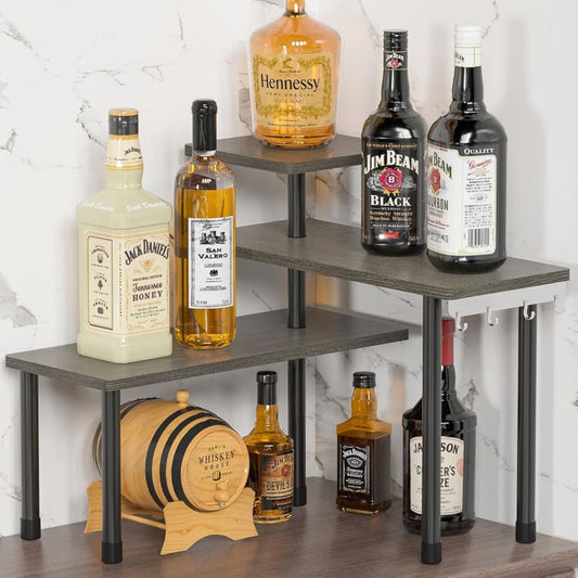 ZHWS Kitchen Countertop Organizer, Bathroom Counter Organizer, Adjustable 3 Tier Corner Shelf with 4 Metal Hooks for Counter Organize, Spice Rack, Makeups, Coffee Station Bookshelf (Rustic Grey)