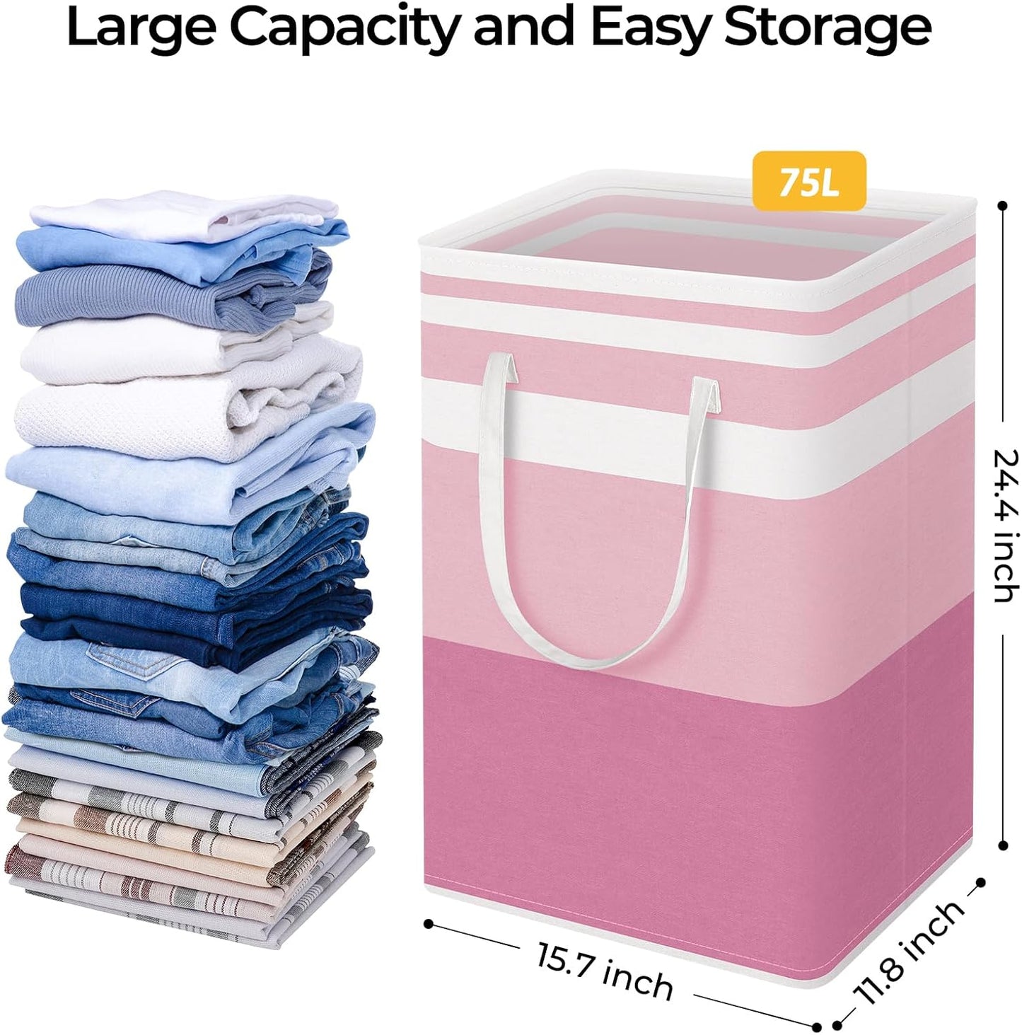 HomeHacks 2 Pack Large Laundry Baskets, Waterproof, Freestanding Laundry Hampers, Collapsible Clothes Hamper with Reinforced Handles in Laundry, College Dorm, Bathroom, Bedroom (Blue+Pink, 75Lx2)