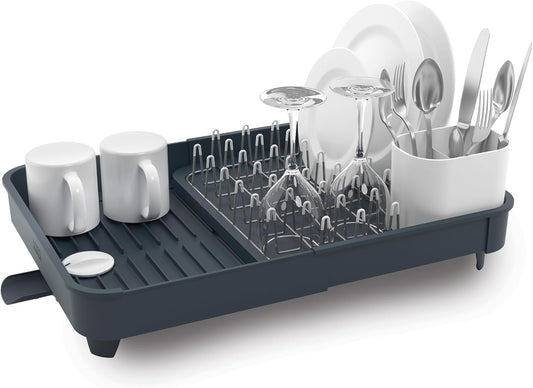 Joseph Joseph Extendable Dish Drying Rack with expanding Dual Parts, Non-Scratch, Movable Silverware Drainer & Drainage Spout, Grey
