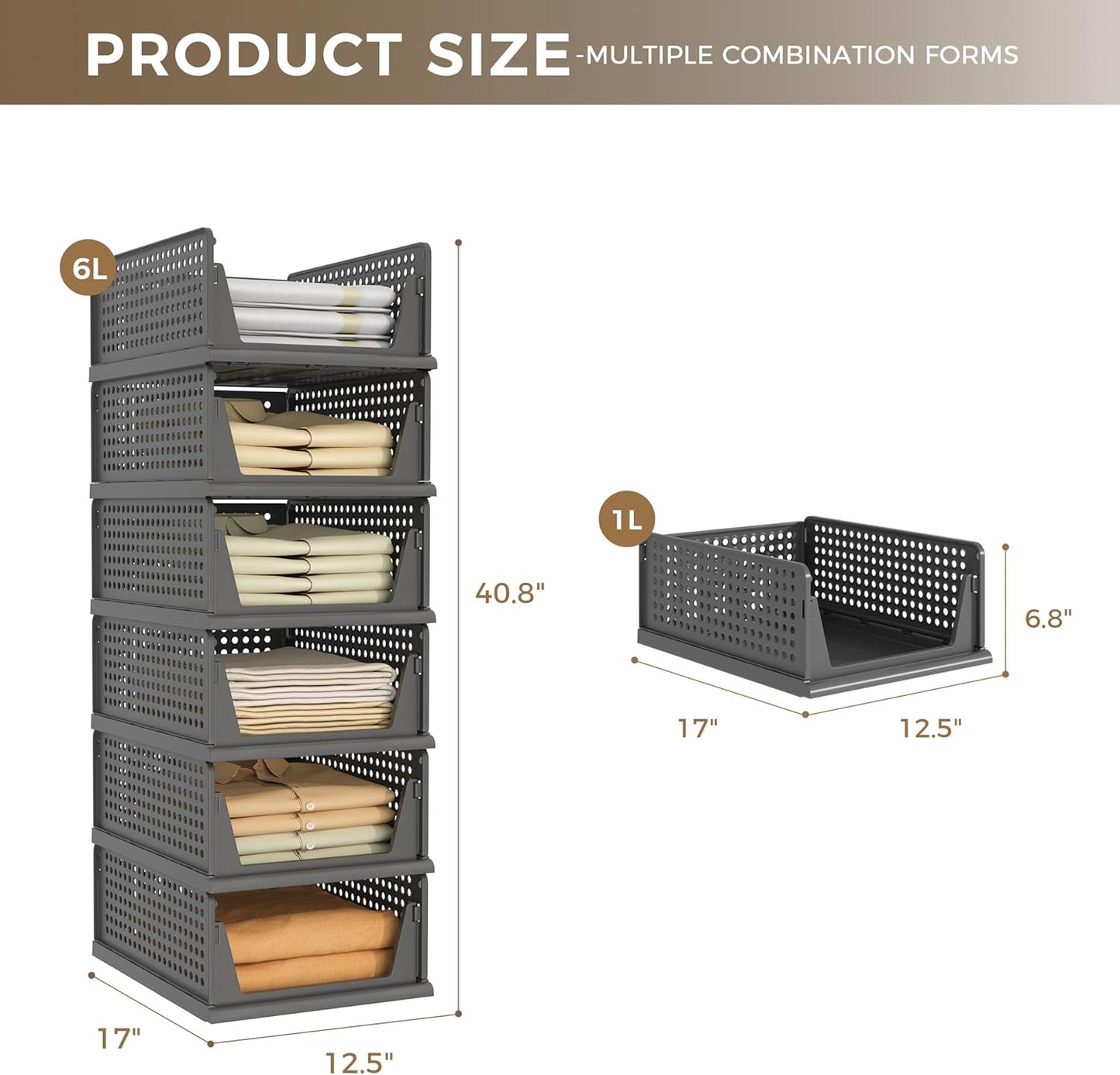 Pinkpum 6 Pack Closet Organizers Storage Box, Stackable Plastic Drawer Basket for Clothing, Stackable Storage Bins Shelf Storage Container for Closet Wardrobe Bedroom Bathroom Office Black