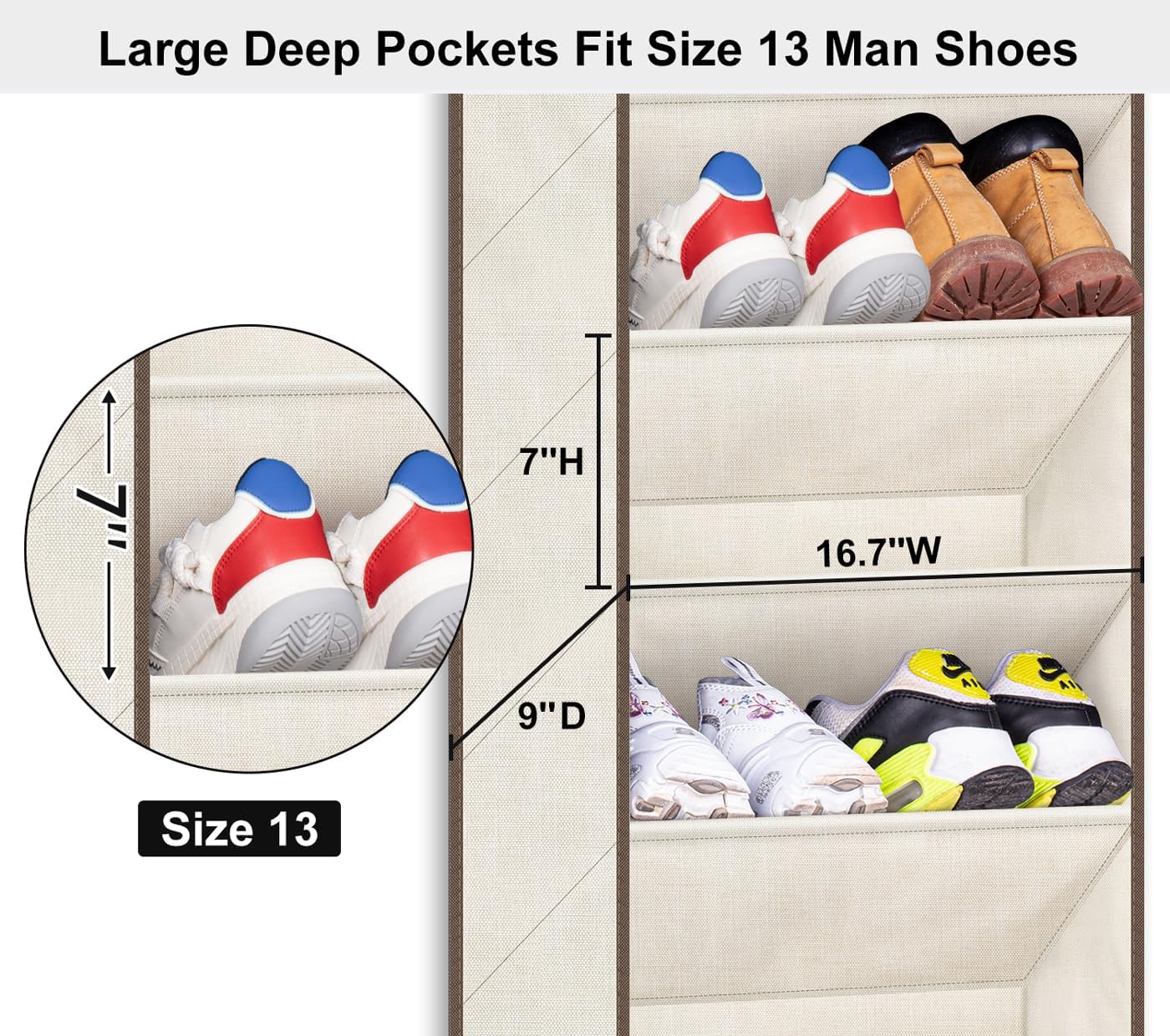 SLEEPING LAMB Shoe Rack for Door, Kids Door Shoe Organizer for Closet hanger, Narrow Hanging Sneaker Storage with Large Deep Pockets for Toddler, Girl, Baby Room Decor, Beige