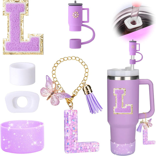 Mity rain 6PCS Cup Accessories Set for Stanley Cup 30oz 40oz tumbler with handle, Including Silicone Straw Topper Cover Cap and Boot, Spill Proof Stopper, Handle Charm, Initials Sticker (Letter L)