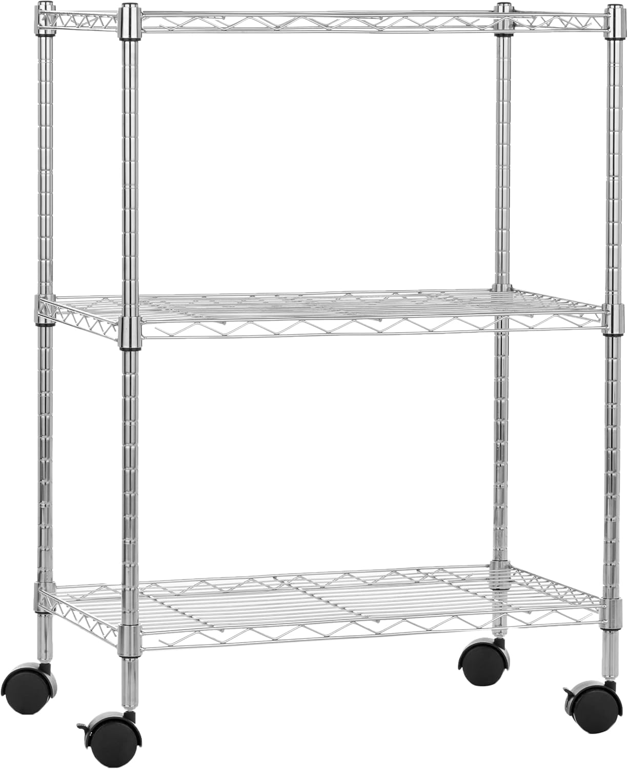 Amazon Basics 3-Shelf Adjustable, Heavy Duty Storage Shelving Unit on 2'' PP Plastic Wheel Casters, Metal Organizer Wire Rack, 23.2" L x 13.4" W x 32.75" H, Chrome