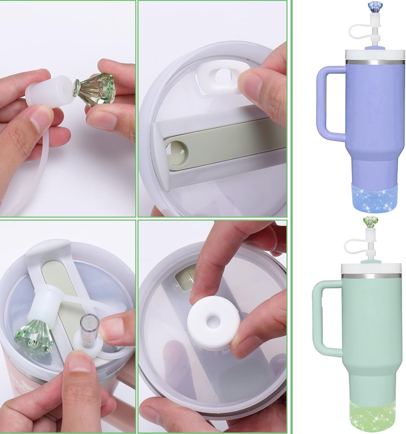 Mity rain Set for Stanley Cup Accessories, Including 2Pcs Straw Topper, 4Pcs Silicone Spill Proof Stopper, 2Pcs Protective Glitter Silicone Boot, Set for Stanley Cup 40/30 OZ (Blue+green)