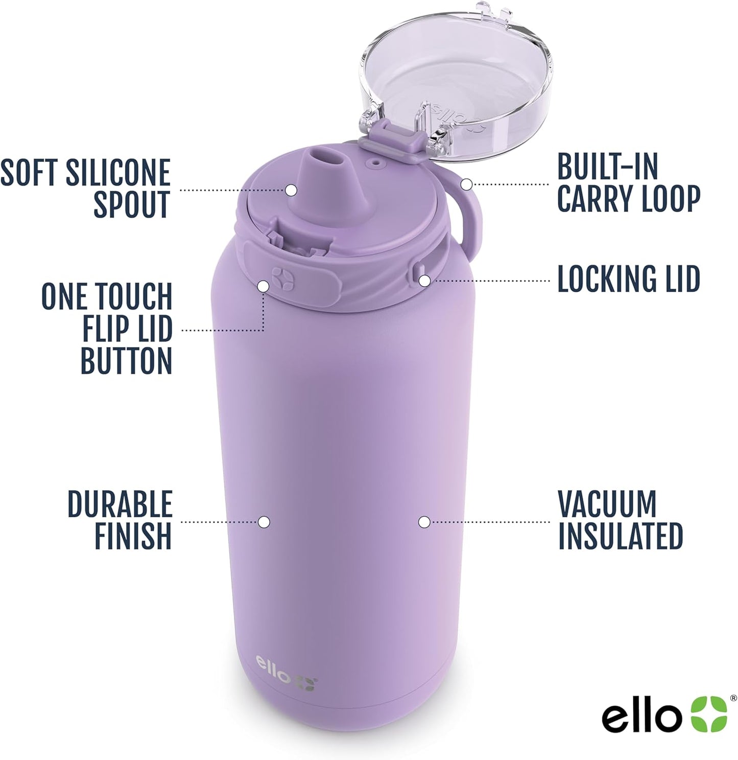 Ello Cooper 22oz Stainless Steel Water Bottle with Straw and Carry Handle, Double Walled and Vacuum Insulated Metal, Leak Proof Locking Lid with Soft Silicone Spout, Reusable, BPA Free, Lilac