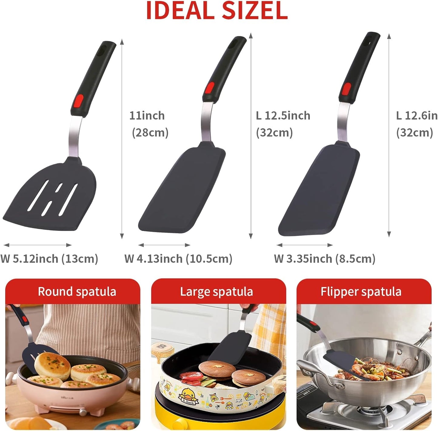 Silicone Spatula Turner Set Large And Thin Flipper Spatulas Heat Resistant 600 ° F Slotted Flexible Turner Cooking Utensils For Nonstick Cookware Egg,Pancake,Fish,Omelette,Hamburger (3 Pack)