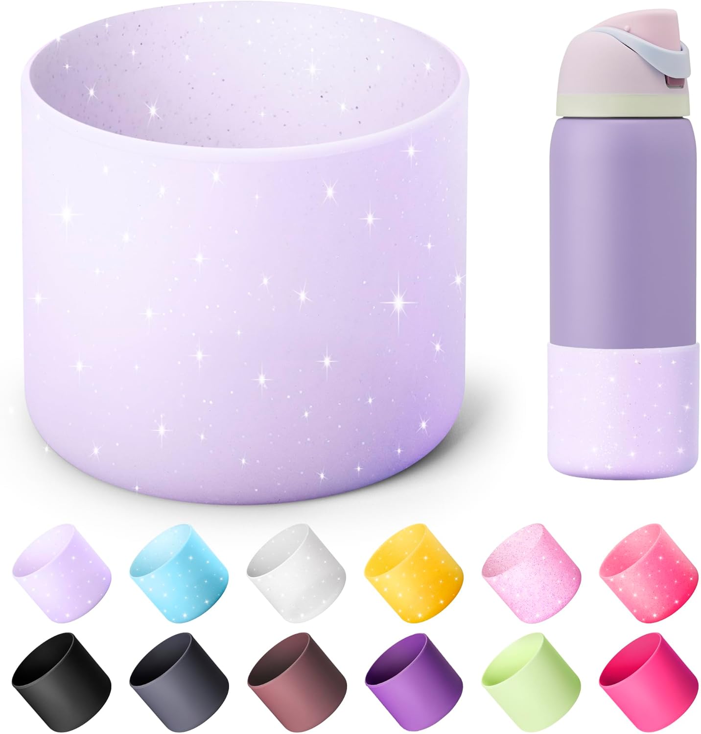 Silicone Water Bottle Boot for Owala 32 oz, Anti-Slip Protective Sleeve for Twist, FreeSip & Flip Stainless Steel Bottles, Bottom Base (Glitter Purple)