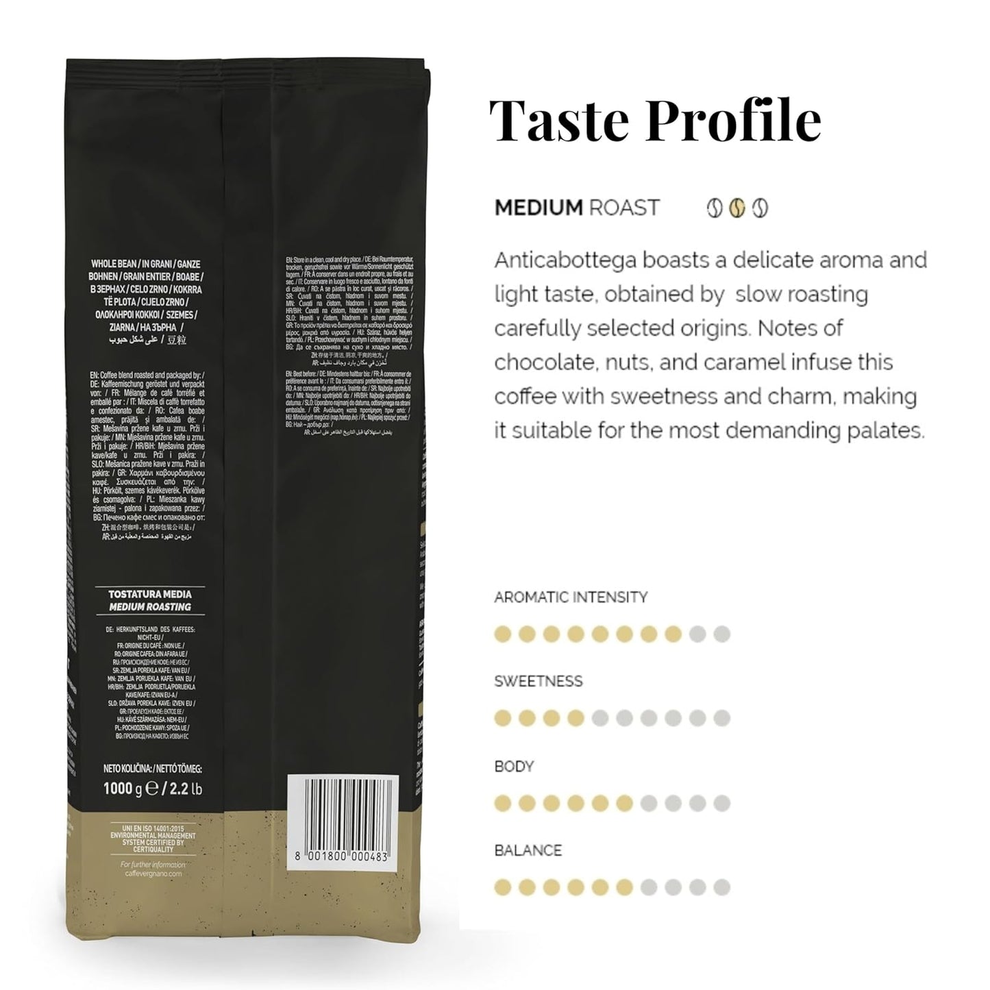Caffe Vergnano 1882 Antica Bottega Whole Bean Arabica Medium Roast Espresso, 2.2 lbs Bag - Italian Coffee Beans with notes of Chocolate, Nuts & Caramel, Intensity 5/10-1000g Bag (2 Pack)