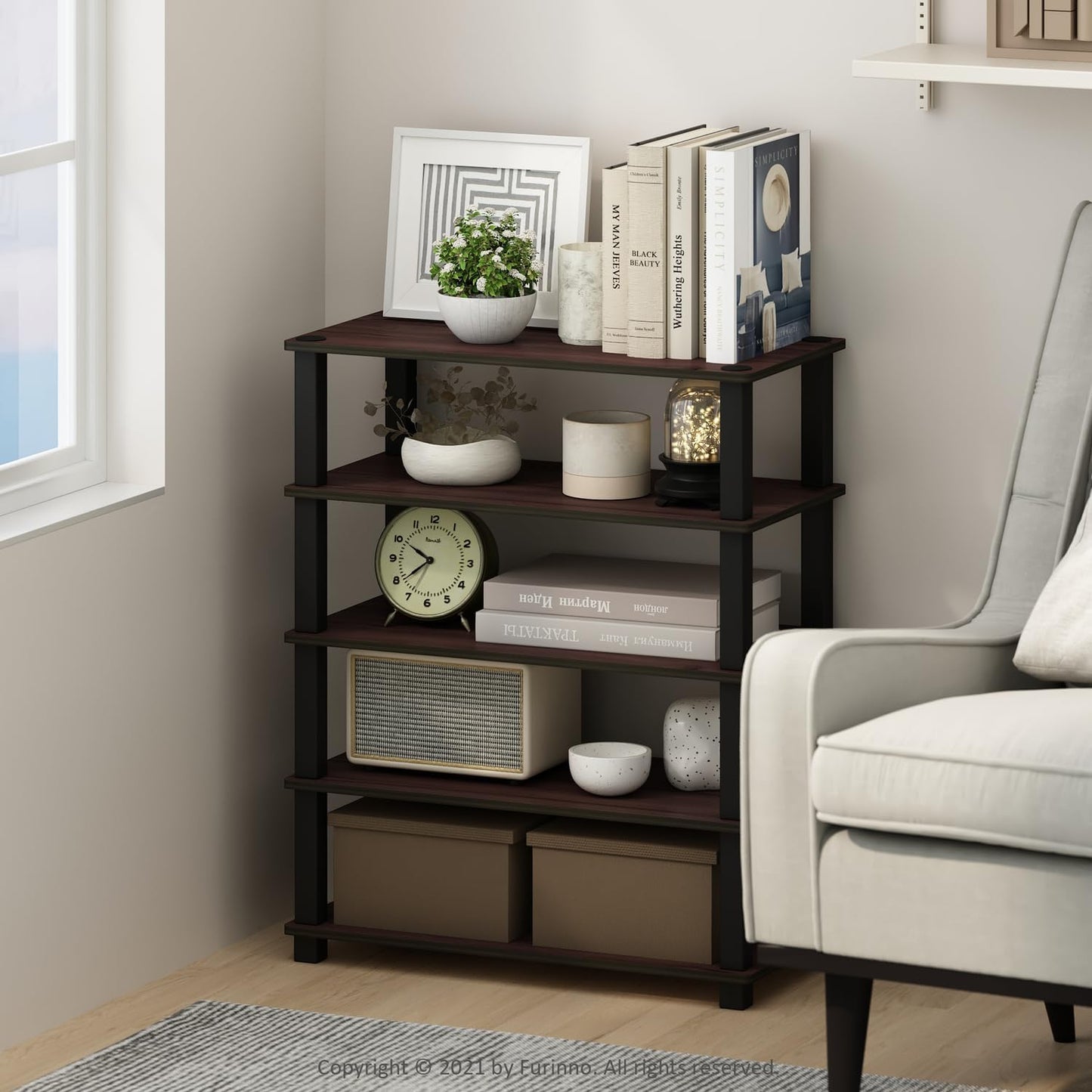 Furinno Turn-S-Tube Storage Shelves Set of 2, 3-Tier Stackable Standing Shelf, Open Corner Shelf, for Organization and Storage, Living Room, Garage, Home Office, Dark Cherry