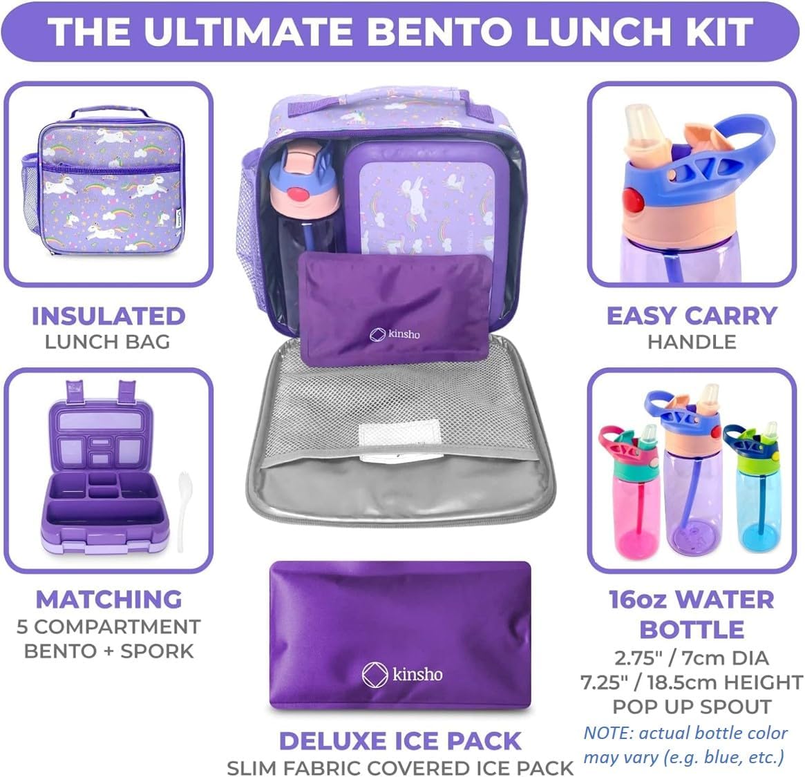 Bento Box with Insulated Lunch Bag, Ice Pack & Water Bottle Set for Kids - 5 Compartments, Lunches or Snack Container Girls, Toddlers Daycare Pre-School, Kindergarten Purple Unicorn