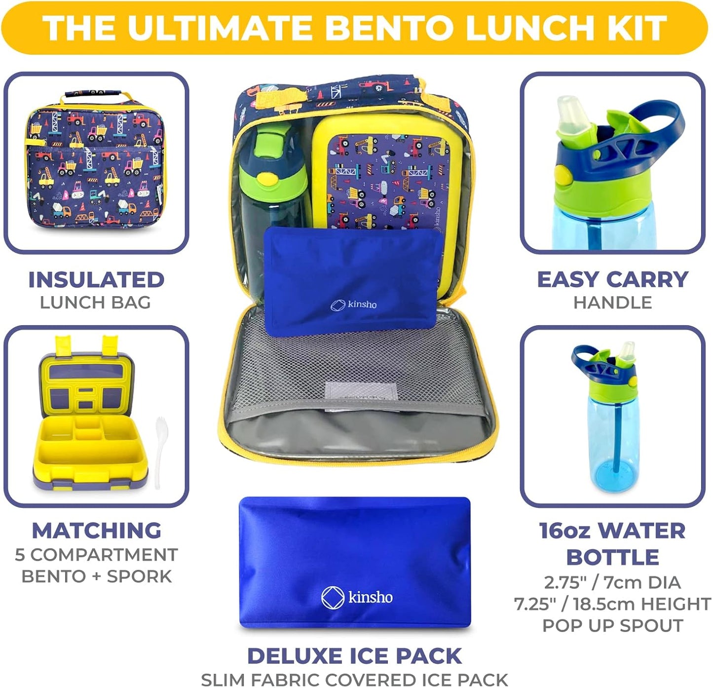 Bento Box, Insulated Lunch Bag, Ice Pack & Water Bottle Set for Kids - 5 Compartments, Lunches or Snack Container Boys Toddlers Daycare Pre-School, Kindergarten Blue Yellow Trucks