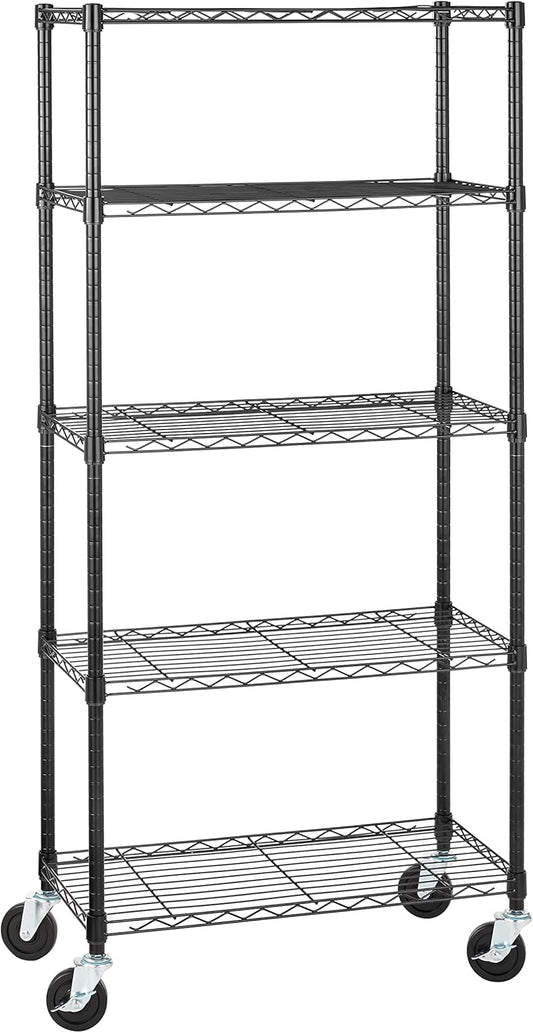 Amazon Basics 5-Shelf Adjustable, Heavy Duty Storage Shelving Unit on 4'' Wheel Casters, Metal Organizer Wire Rack, 30" L x 14" W x 64.75" H, Black