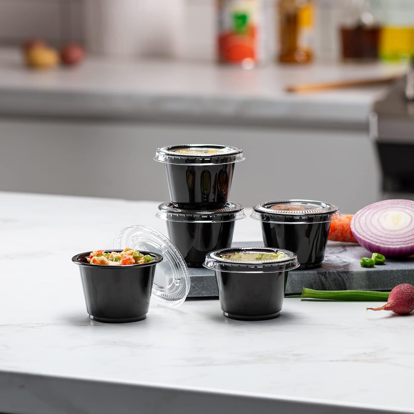 {2.5 oz - 100 Sets} Black Diposable Plastic Portion Cups With Lids, Small Mini Containers For Portion Controll, Jello Shots, Meal Prep, Sauce Cups, Slime, Condiments, Medicine, Dressings, Crafts,