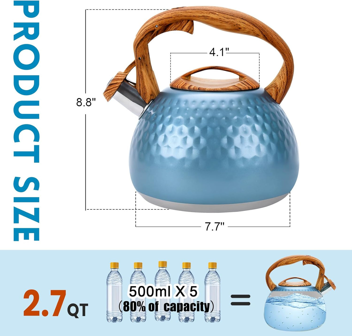 GGC Tea Kettle for Stove Top, Loud Whistling Kettle for Boiling Water Coffee or Milk, 3.1 Quart 3L Heavy Stainless Steel Blue Kettle with Wood Pattern Handle, Unique Button Control Kettle Outlet