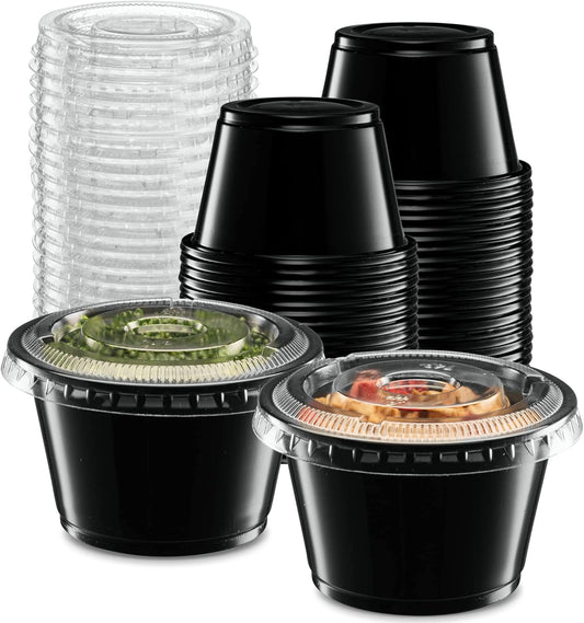 (4 oz - 100 Sets) Black Diposable Plastic Portion Cups With Lids, Small Mini Containers For Portion Controll, Jello Shots, Meal Prep, Sauce Cups, Condiments, Medicine, Dressings,