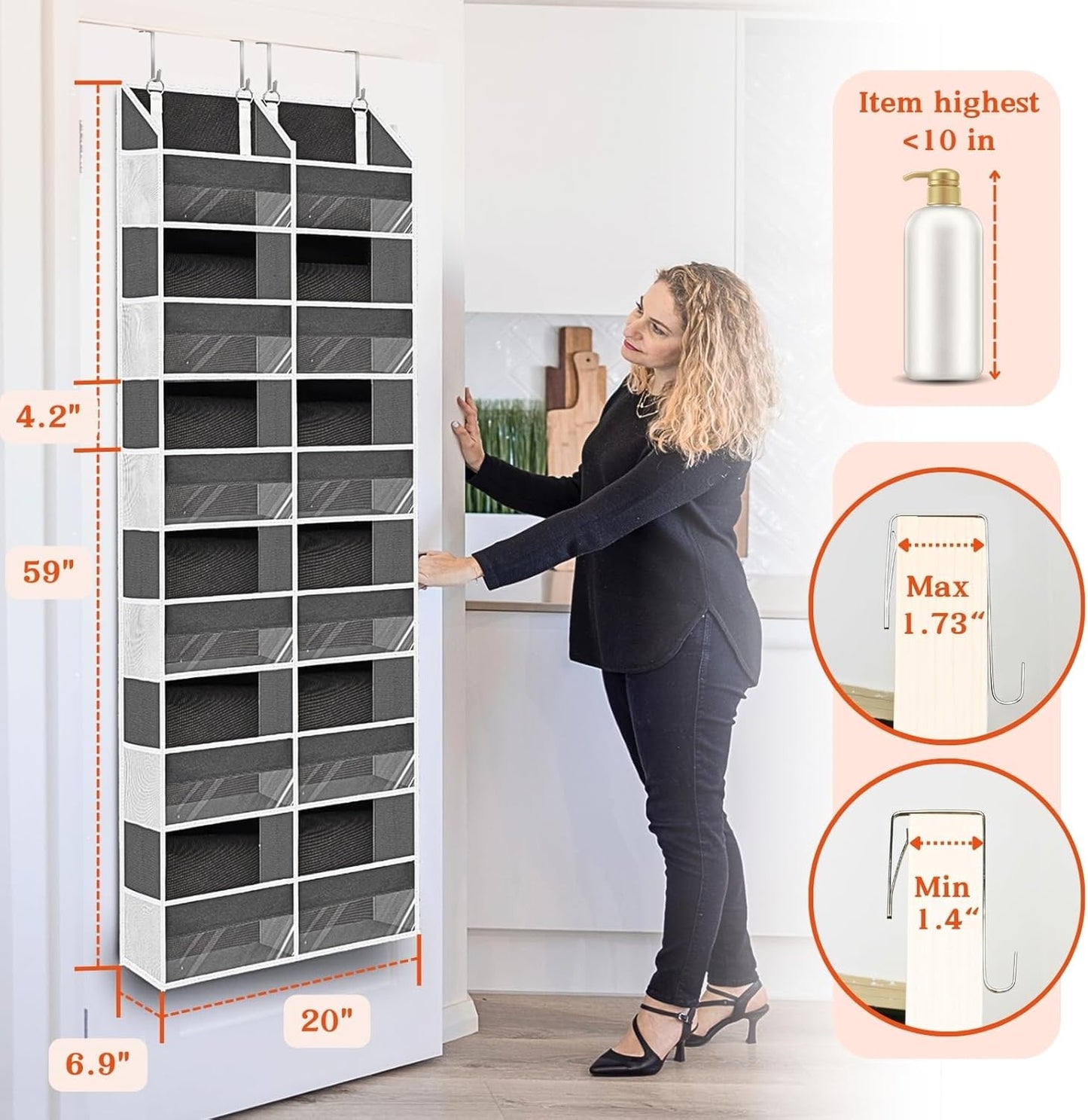 Over the Door Organizer 6 Tiers, Extra Large Behind Door Storage of 12 Compartments, 80 lbs Weight Capacity Hanging Storage Organizer with Clear Window Kids Toys, Shoes, Diapers, Room storage