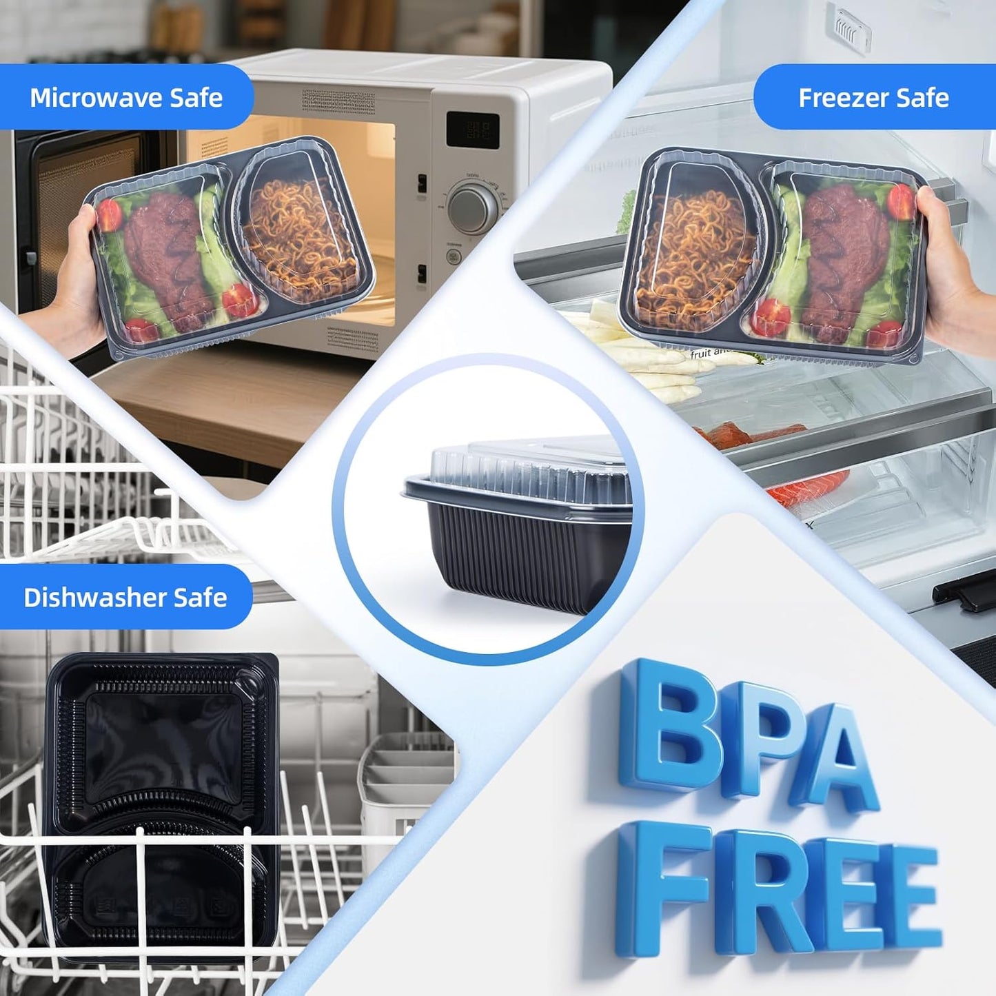 YANGRUI Takeout Containers with Lid 40 Pack 41 oz - Shrink Wrap 2 Compartment Leakproof | Reusable BPA Free Flexible Pure PP Plastic Food Container | Microwave & Dishwasher Safe Restaurant Lunch Boxes