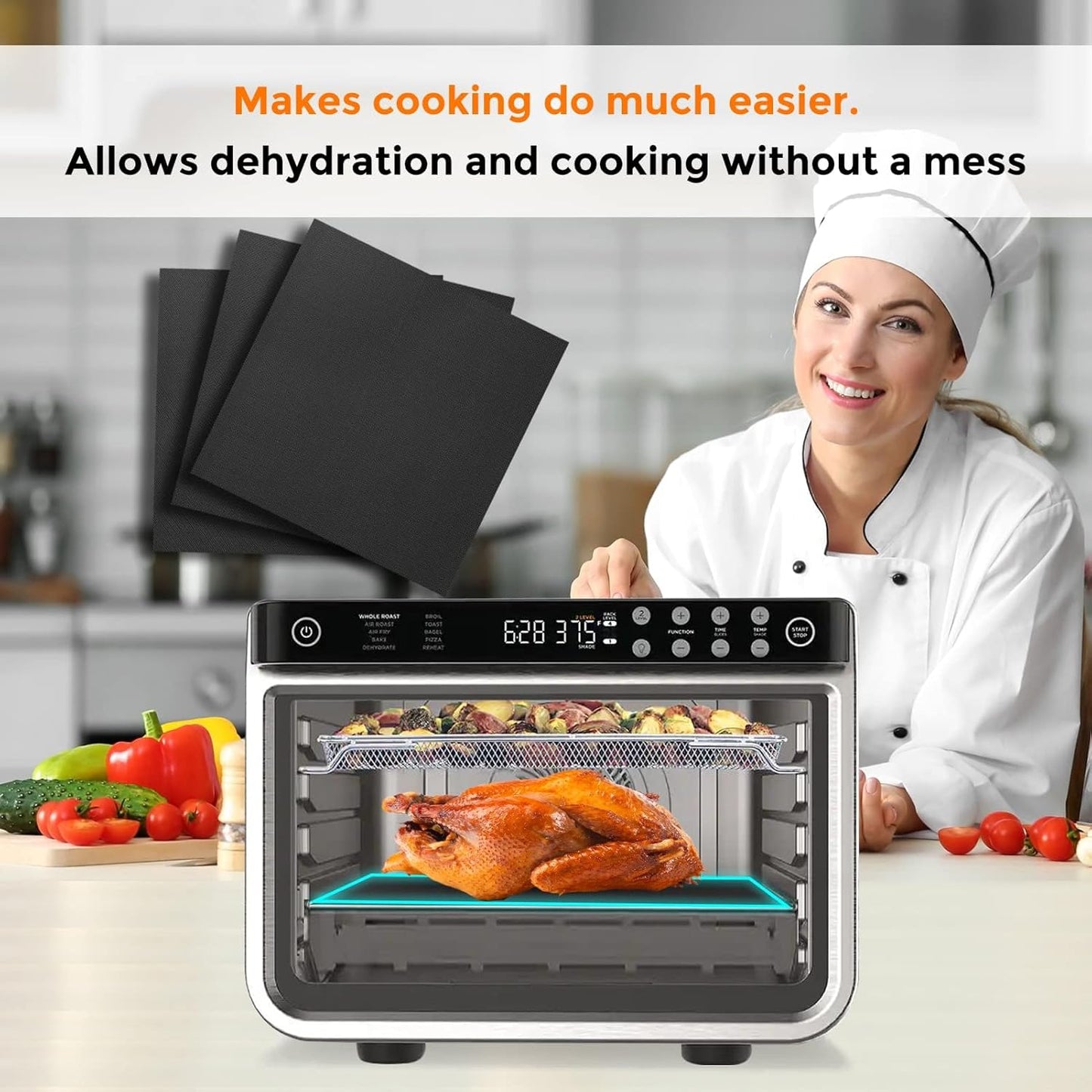 3Pcs Air Fryer Liners Toaster Oven Liners For Bottom Of Oven (12"X12") Reusable Non-Stick Heat Resistant Toaster Liners, Baking Mat for Ninja Foodi SP101 & SP201,black