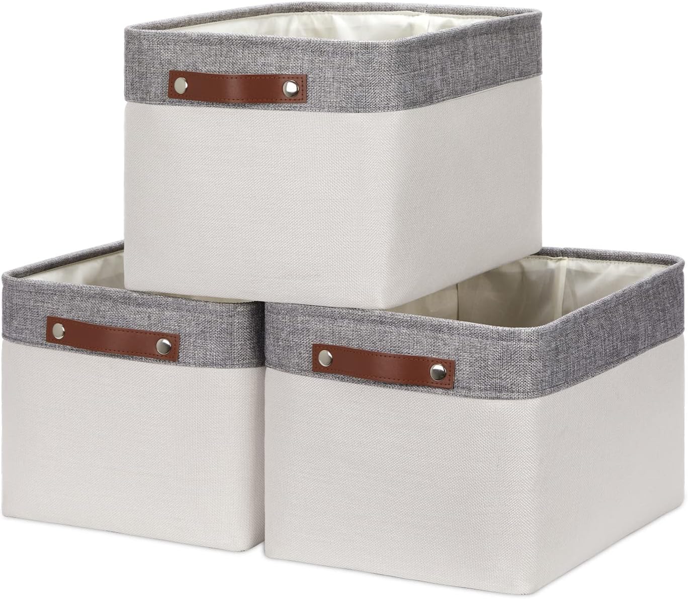 HNZIGE Large Storage Baskets for Shelves(3 Pack) Fabric Storage Toy Baskets with Handles, Decorative Foldable Storage Bins for Organizing (Gray&White-Leather Handles, 15"x11"x9.5")