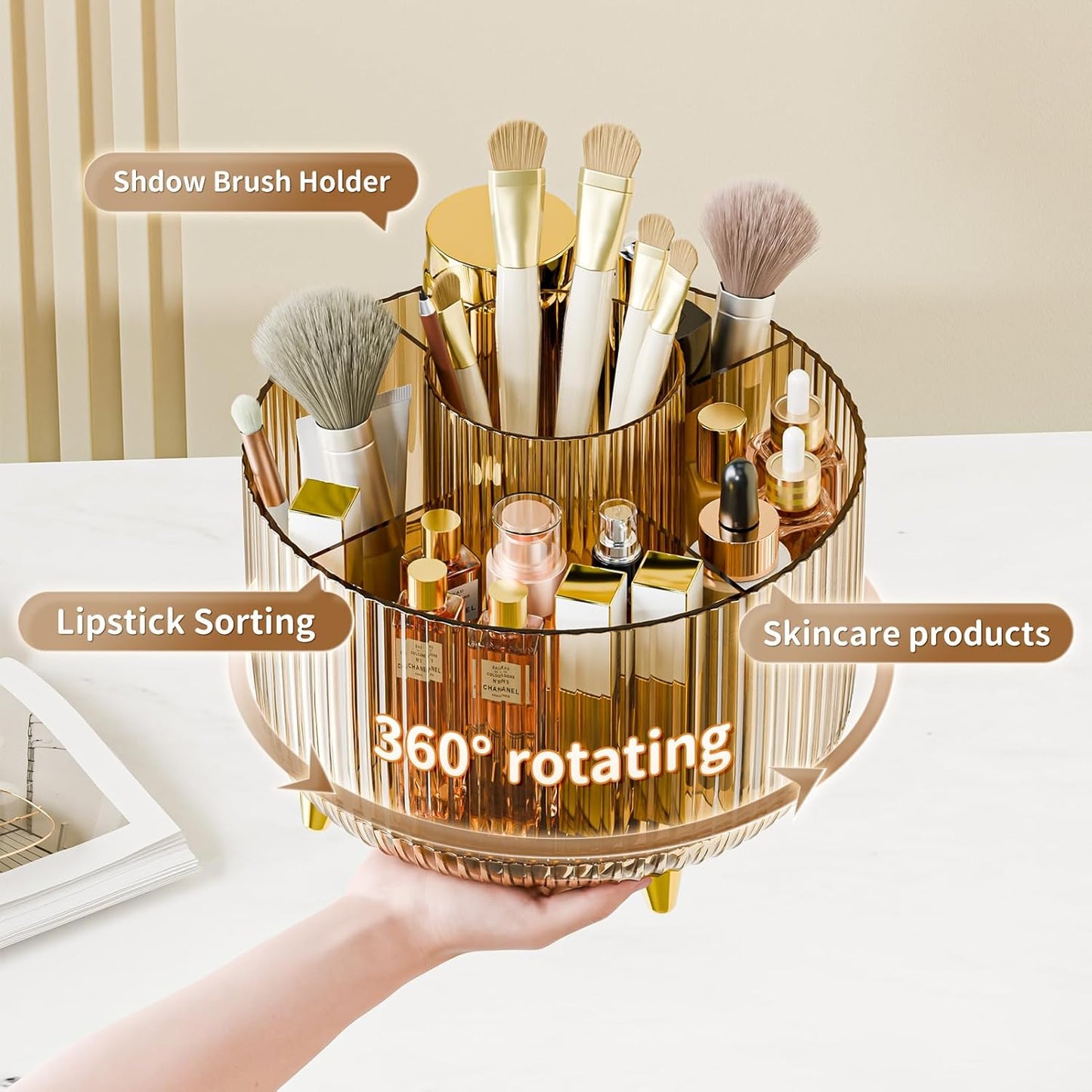 360° Rotate Makeup Brush Holder Organizer, Makeup Organizers Countertop, Makeup organization and Skincare Storage for Vanity, Desktop, Bathroom (Clear Amber)