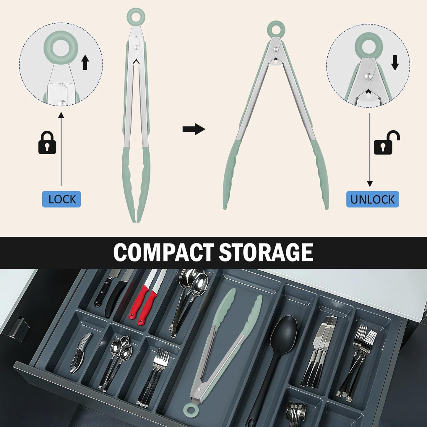 Kitchen Tongs, Stainless Steel Silicone Tongs for Cooking 600ºF High Heat-Resistant BBQ Grilling Locking Tongs, Set of 2-9" and 12" Light Green
