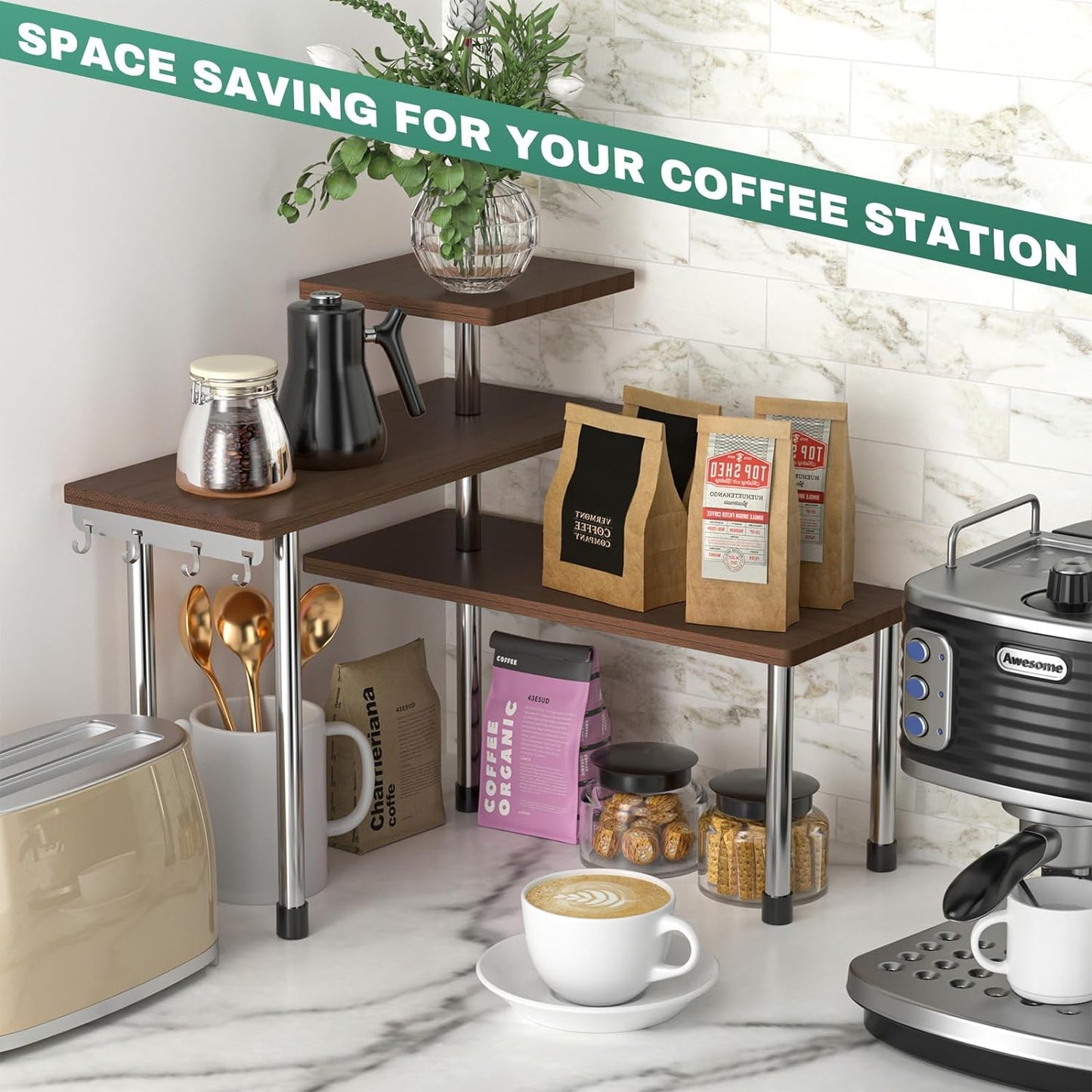 ZHWS Bathroom Counter Organizer for MakeUps, Dresser Table, Kitchen Countertop Organizer Adjustable 3 Tier Corner Shelf with 4 Metal Hooks for Coffee Bar, Spice Rack, Over Sink