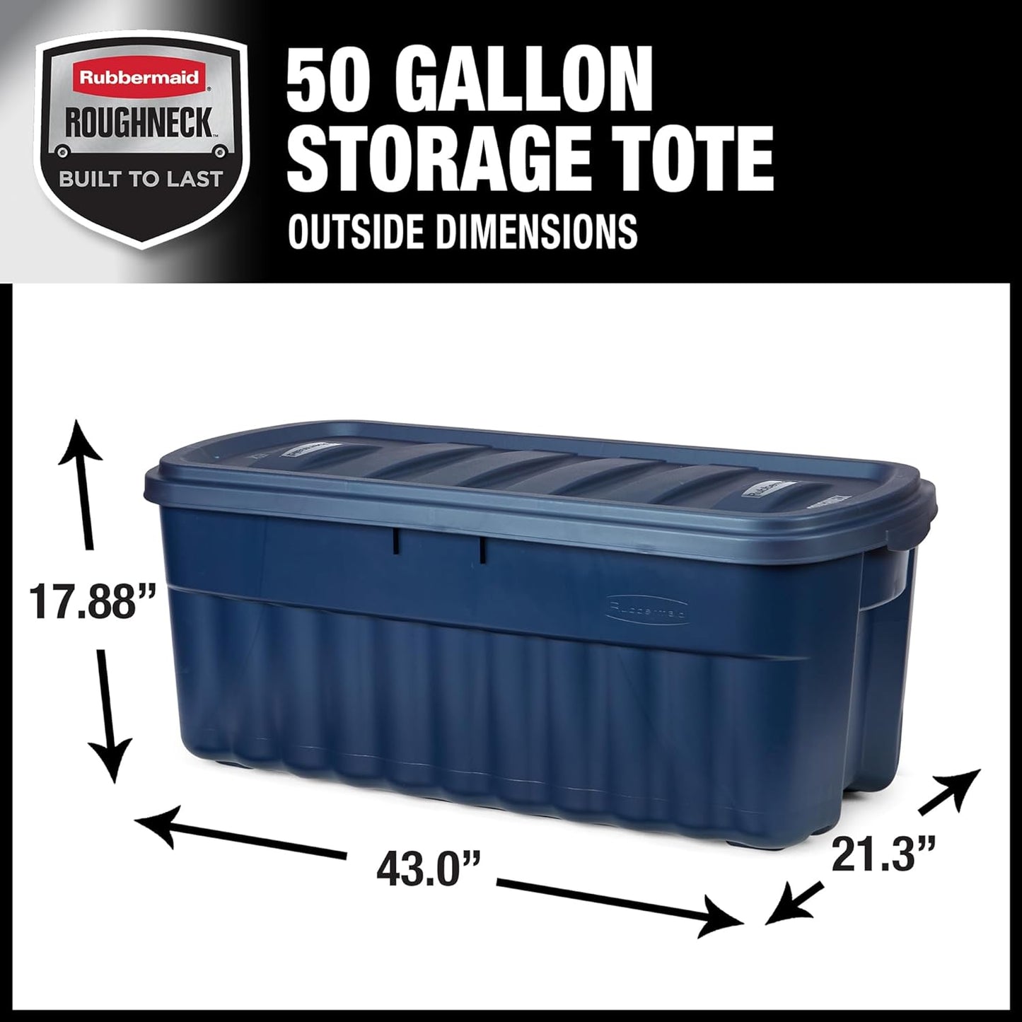 Rubbermaid Roughneck Tote 50 Gal, 2 Pack, Made in USA, Dark Indigo Metallic, Rugged Plastic Stackable Storage Bins with Lids and Handles